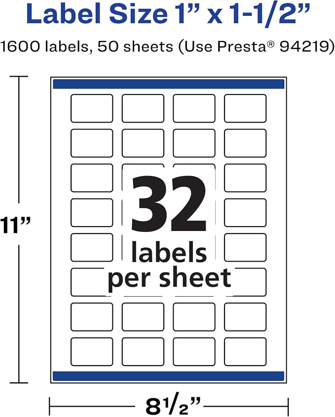 Avery® Matte White Rectangle Labels, Sure Feed® Technology, 1" x 1.5", 1,600 Matte White Printable Labels
