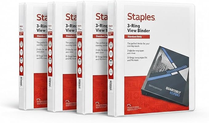 Staples 1" 3-Ring View Binder, D-Ring, White, 4/Pack