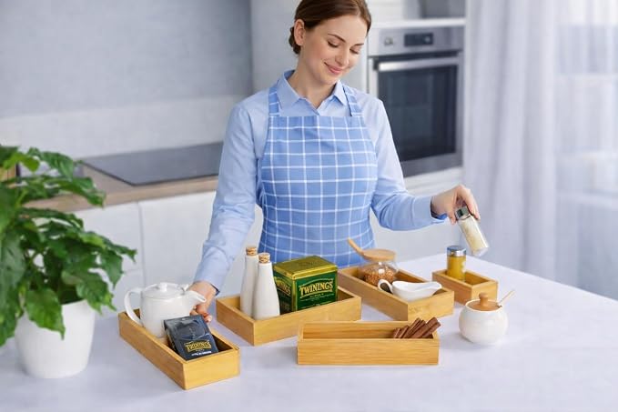 5-Piece Bamboo Drawer Organizer Set – Versatile Storage Trays for Kitchen, Bathroom, Office, Makeup, Jewelry & More – Drawer Dividers, Utensil Organizer & Storage Bin Set (5 Pieces)