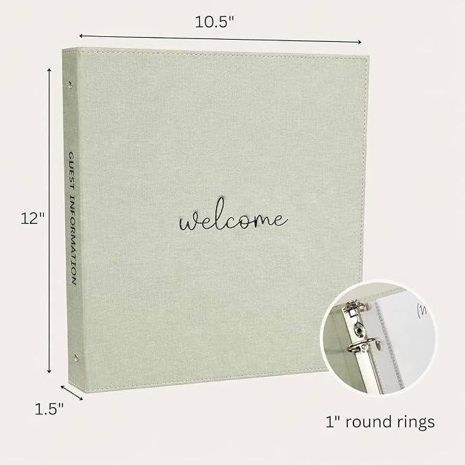 Paper 'n Such Welcome Binder for Short Term Rentals –Green Linen Fabric 3 Ring Folder for Airbnb, Vacation Home, House Manual & Guest Information - Letter Size