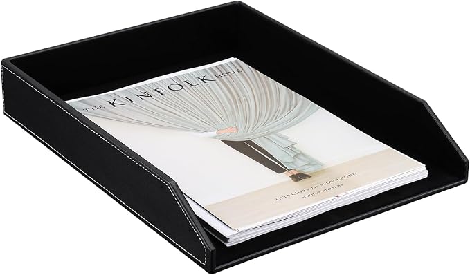 Letter Tray, PU Leather Paper Organizer Tray for Desk, Paper Organizer Storage Holder for Office Home or School A4 Size Black