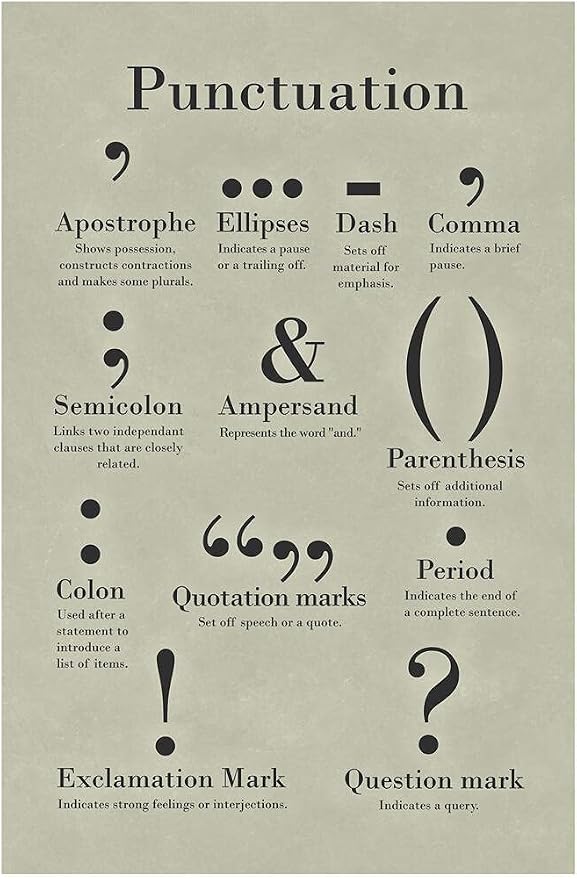 Punctuation Poster Grammar Writing English Classroom Posters Depth Knowledge Literary Terms Library Class Decorations High School Teacher Home Chart Cool Wall Art Print 12x18
