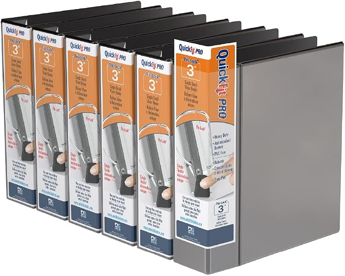 QuickFit PRO Heavy Duty Single Touch View Binder, D Ring, Black, 6 Pack, 3 Inch