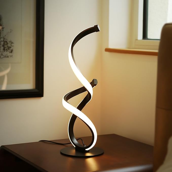 Modern Dimmable LED Spiral Touch Table Lamp for Nightstand | 3 Color Temperature Desk Lamp, Unique Bedside Light for Living Room, Bedroom, Cool Lamps for Ideal Gift, Black