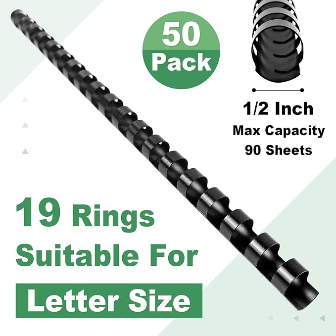 HOUYEE 50 Pack 1/2 Inch Plastic Binding Combs Spines, 19 Rings, Black | 12 mm Binder Combs for Letter Size Paper, 90 Sheets Capacity , for Book Binder Office School Supplies