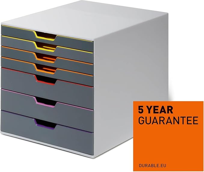 Durable Varicolor 7 Drawer Unit - Gray Desktop Drawer Set with 7 Color Coded Draws - Letter to Folio Size Files - Perfect for Storing Documents and Paper Work