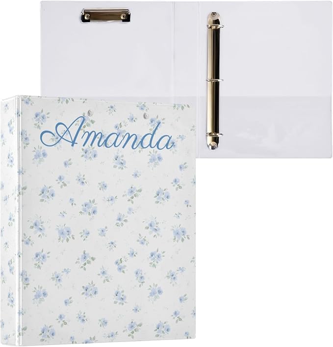 Custom Personalized Name Blue Small Floral 3 Ring Binder 1.5 Inch