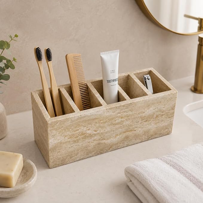 Travertine Desk Organizer, 5-Compartment Pen & Brush Holder | for Pens, Makeup Brushes, and Office Desk Decor, 9.84 x 3.94 x 3.94 in