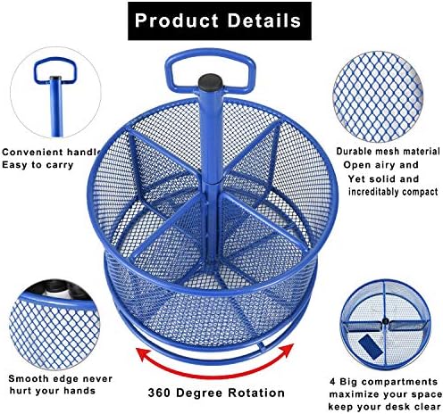 Marbrasse Mesh Desk Organizer, 360-Degree Rotating Multi-Functional Pen Holder, 4 Compartments Desktop Stationary Organizer, Home Office Art Supply Storage Box Caddy (Blue)