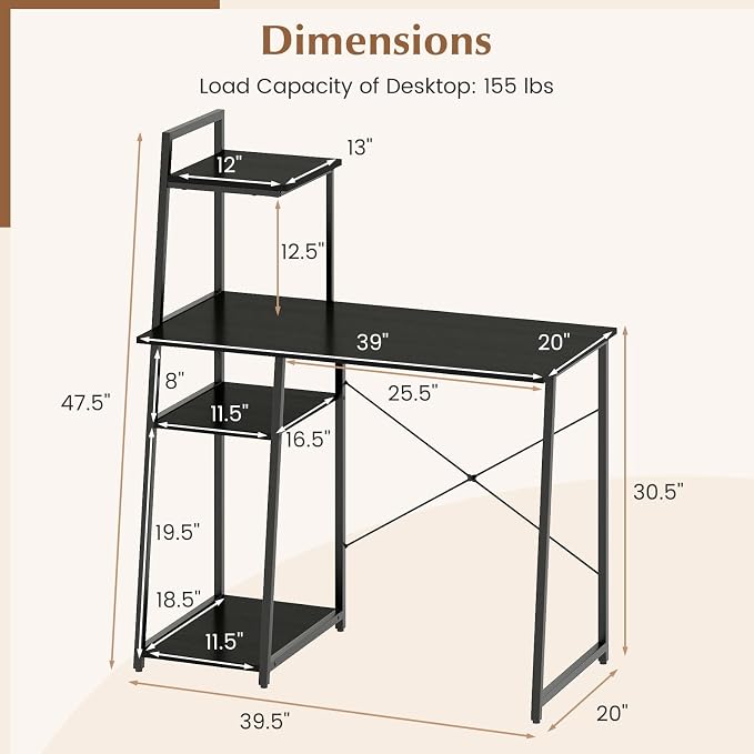 Giantex Computer Desk with Shelves, 47.5” Home Office Desk with Bookshelf, Host Stand, Metal Frame, PC Laptop Workstation, Modern Study Writing Desk for Bedroom, Small Space (Black)