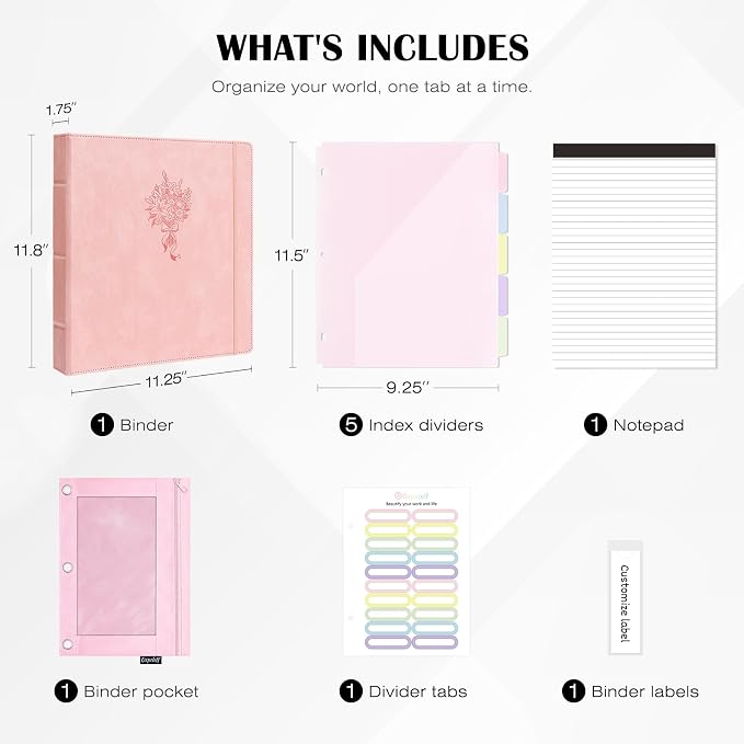 Ospelelf Leather 3 Ring Binder for Letter Size Documents with PVC Pocketed Dividers, Storage Bag & Notepad, 1 Inch Round Rings, Holds 175 Sheets, for Office School Home Organization, Flower Pink