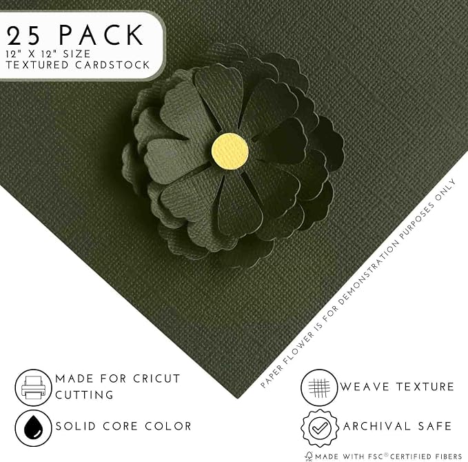 DARK OLIVE—12x12 Textured Cardstock | 80lb Textured Green Scrapbook Paper | Premium Cardstock for Cricut Cutting | 25 Sheets