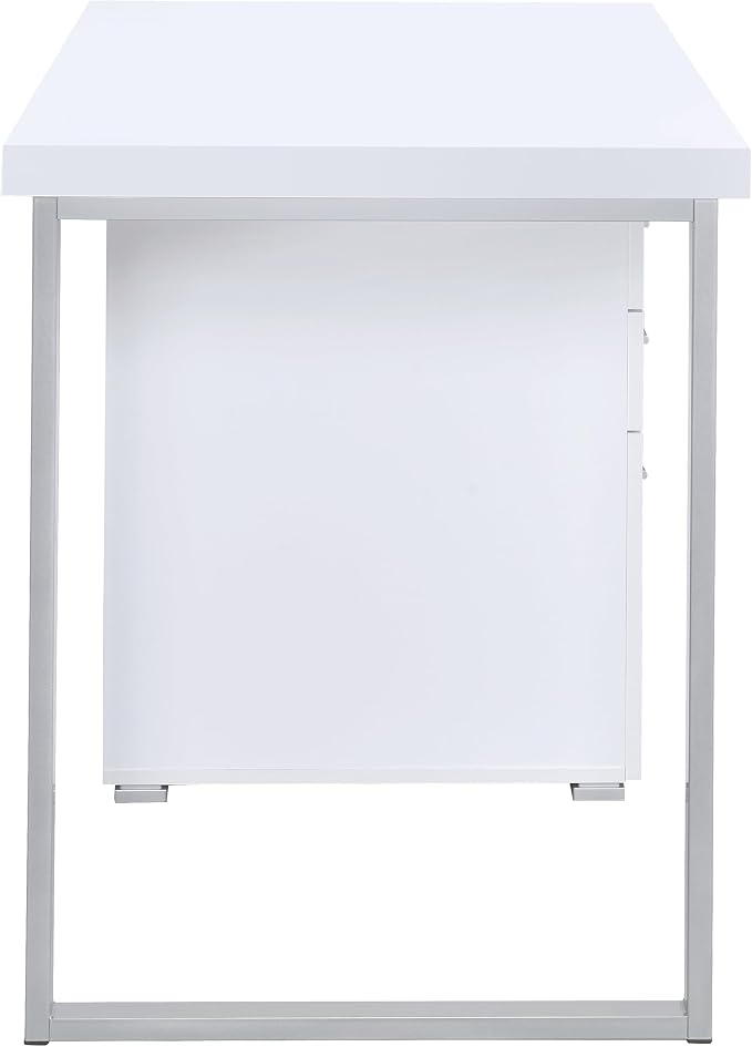 Coaster Home Furnishings Brennan Modern Contemporary Home Office 3-Drawer Writing Desk with Drawers Computer Desk Study Table File Cabinet Storage Silver Metal Frame White 800325