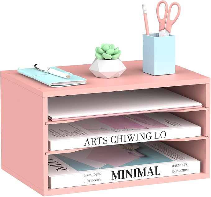 3 Tier Wood Desk Organizer, Mail Sorter and Paper Organizer for Desk, Pink | Wooden Desktop Organizer for Sorting Papers, Letters and Mails, Literature Organizer for Home Office, Classroom Organization
