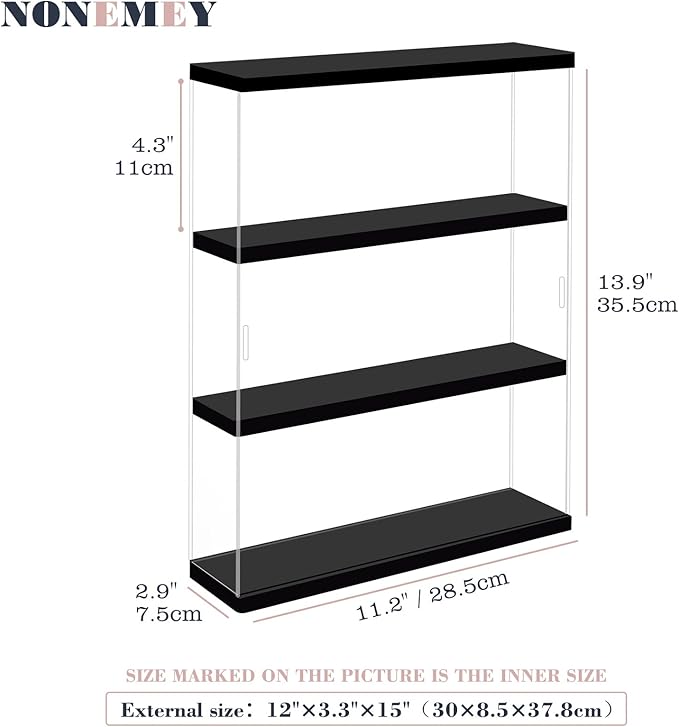 NONEMEY Clear Acrylic Display Case Stand 3 Tier Storage Box Wall Mount Showcase Dustproof Organizer Box for Collectibles (Black 3Tier 12×3.3×15inch)