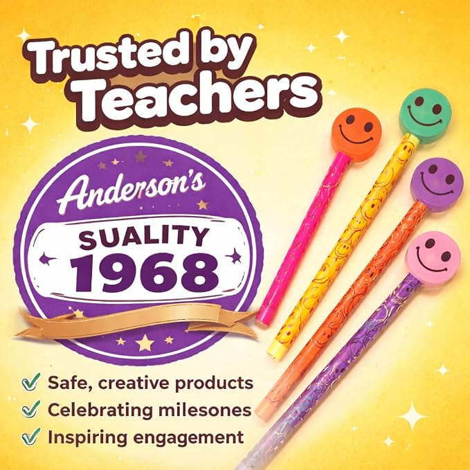 Anderson's Smiley Face Pencils and Erasers Tub, Set of 36, School Supplies, Classroom Supplies, Writing