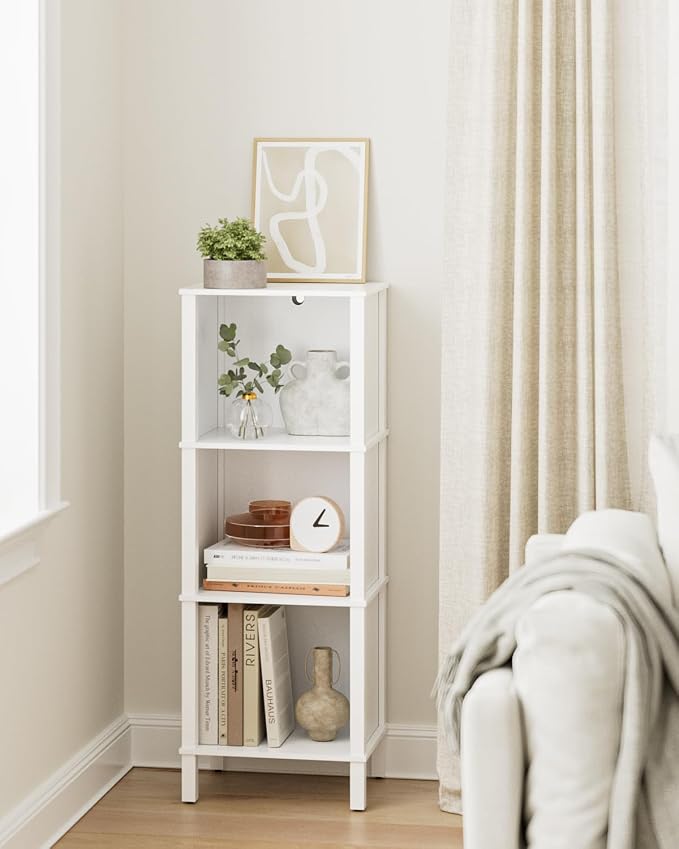 Bookshelf, Modern 3-Tier Bookcase, Open Storage Book Shelf, 11 × 14.2 × 38.9 Inches, Small Narrow Bookshelves for Living Room, Home Office, Bedroom, White