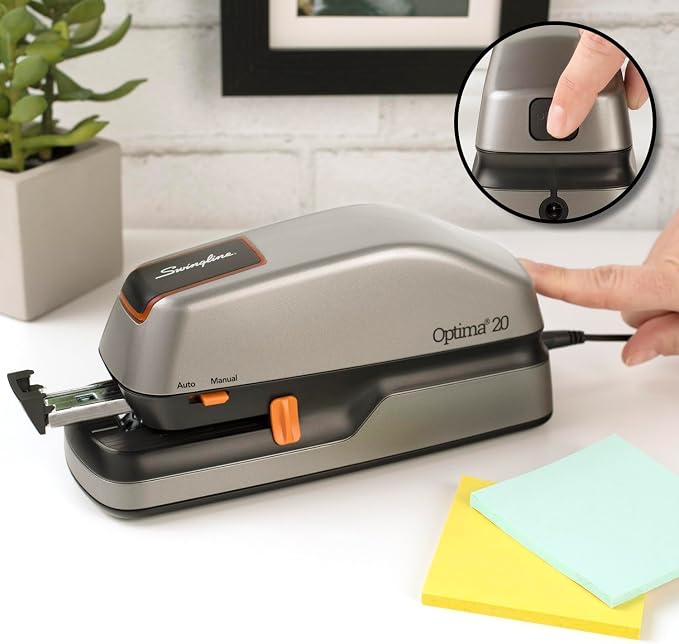 Swingline Electric Stapler, 20 Sheet Capacity, Optima 20, Jam Free, Auto or Manual, Plug In or Battery, Silver (48208)