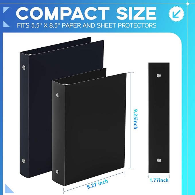 Henoyso 12 Pcs Plastic Mini 3 Ring Binders 1.5'' Binder, Fits 5.5" x 8.5" Paper Holds(capacity 280 Sheets), Flexible Three Round Rings Small Black Binders Bulk for School, Office Use, Photo Album Page