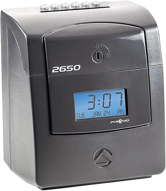Pyramid Time Systems - 2650 Pro Auto Aligning Time Clock - Charcoal | Bundle Includes 25 Time Cards, Ribbon and 2 Security Keys (5"h x 7.25"w x 8.5"d)