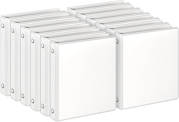 3 Ring Binders, 1" Round Rings 12 Pack, Fits 8.5x11in, View 2 Pocket, White | for 8.5x11 Inch Paper, for Customizable Covers, Three Ring, for School Office Business Supplies, White, 1 Inch