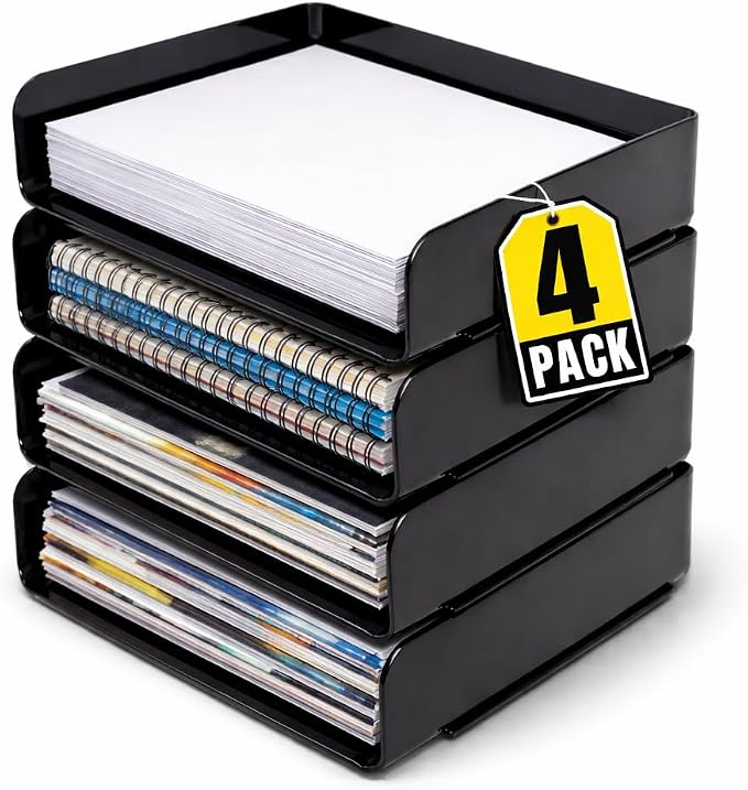 1InTheOffice Stackable Paper Tray Organizer, Plastic Letter Tray, Office Desk Tray, Black (4Pack)