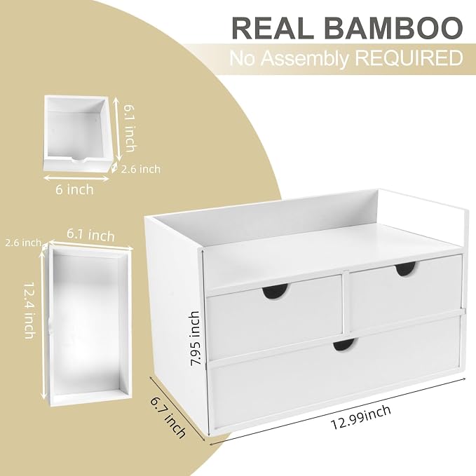Charmewooden Bamboo Desk Organizer 3 Drawer with Shelf, Countertop Organizer with Drawers Makeup Storage Drawer 3 Drawers Tabletop Storage Organization Box Home Office Workspace（White）