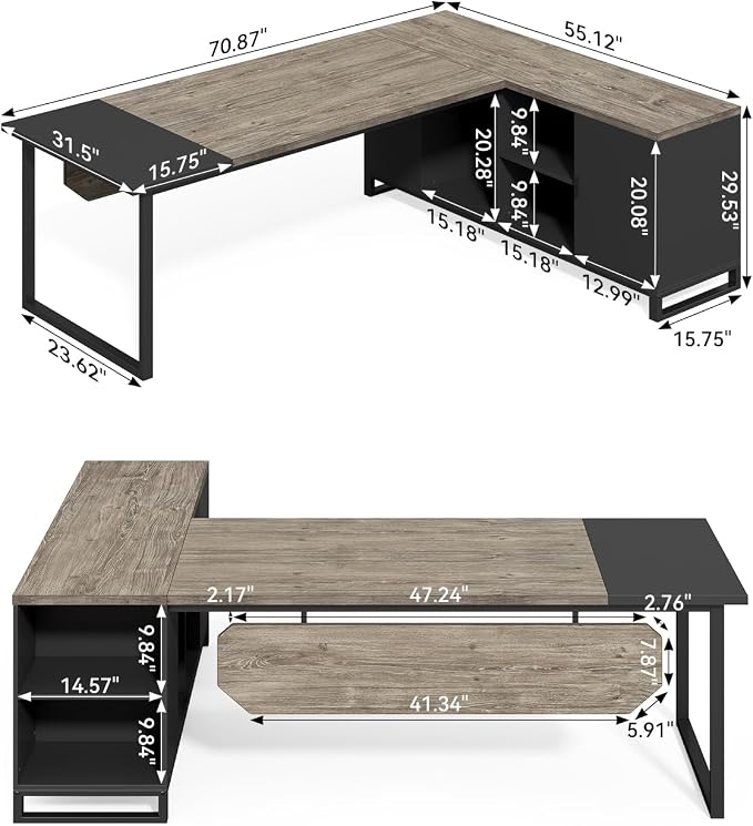 LITTLE TREE 70.8 Inches Executive Desk and 55 Inches File Cabinet Combo, Large L Shaped Computer Desk with Storage Cabinet and Shelves, Modern Business Furniture for Home Office, Grey & Black