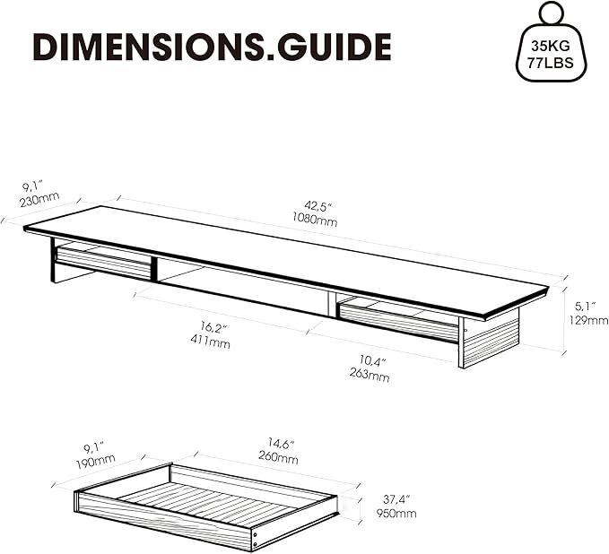 Fenge 42.5-Inch Monitor Stand with 2 Flexible Drawers, Black | Metal Shelf, Solid Wood Accents, Clear Acrylic Legs, Modern Desktop Organizer for Dual Monitors, Laptop & Printer