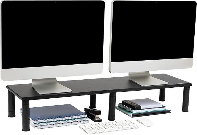 Mind Reader Dual Monitor Stand, Height Adjustable, Desktop Organizer, Laptop Riser, Office, 38.5"L x 11"W x 2.55-6.5"H, Black