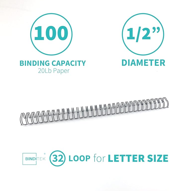 Metal Double Loop Wire Binding Spines, 1/2 Inch, 3:1 Pitch, Black 50 Pack | Wire Binding Spines for Letter Size, 32-Loop, 100 Sheet Capacity, for Reports, Manuals and Projects