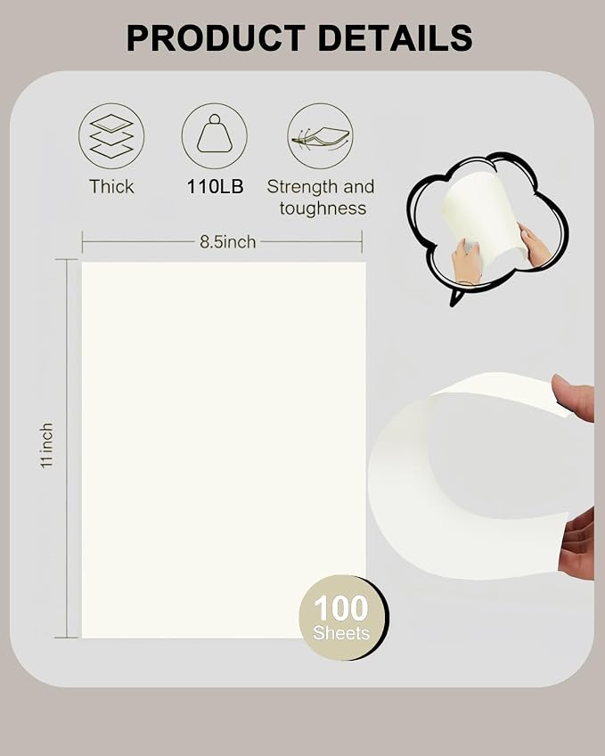 WritePads Cream Cardstock Paper, 110lb/199gsm Heavy Cardstock, Colored Multi-Purpose paper, 8.5" x 11" 100 Sheets (1 Reams) Computer Paper, Made in USA