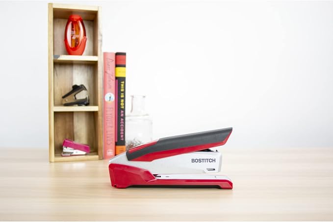 Bostitch Office InPower Spring-Powered Premium Desktop Stapler - One Finger, No Effort, Red/Silver (1117)