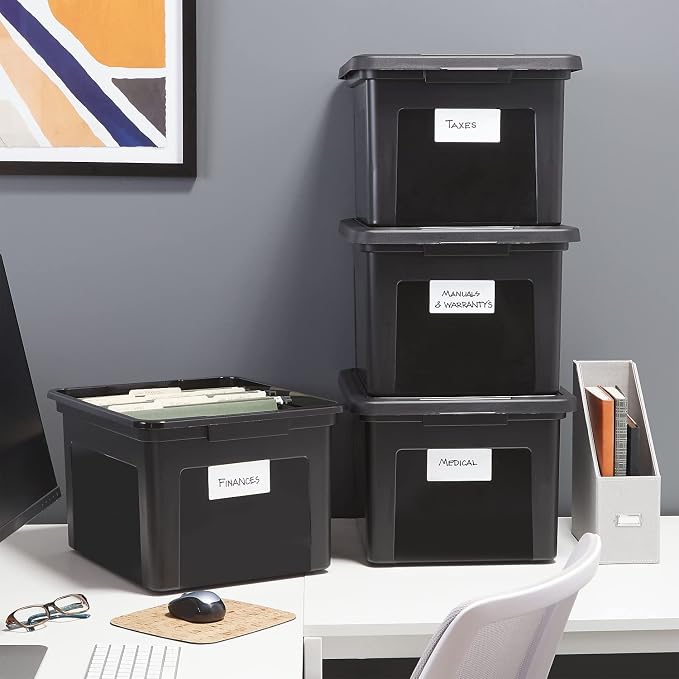 Staples Hanging File Folder Box, Storage Bin Organizer, Snap Lid | Black bin keeps letter and legal size documents organized and accessible.