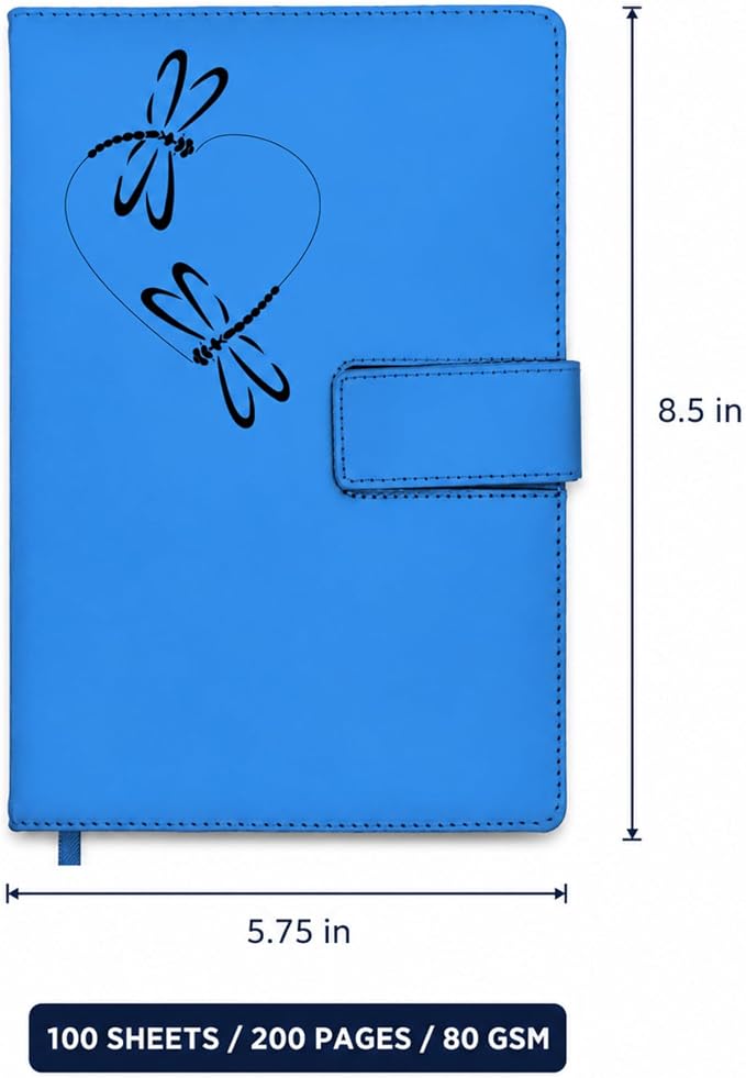The Amazing Office Dragonfly Heart Refillable Journal, Light Blue Faux Leather, 200 Lined Pages, 5.75x8.5 Inch Notebook with Magnetic Clasp and Pen Holder, Writing Diary for Women and Men