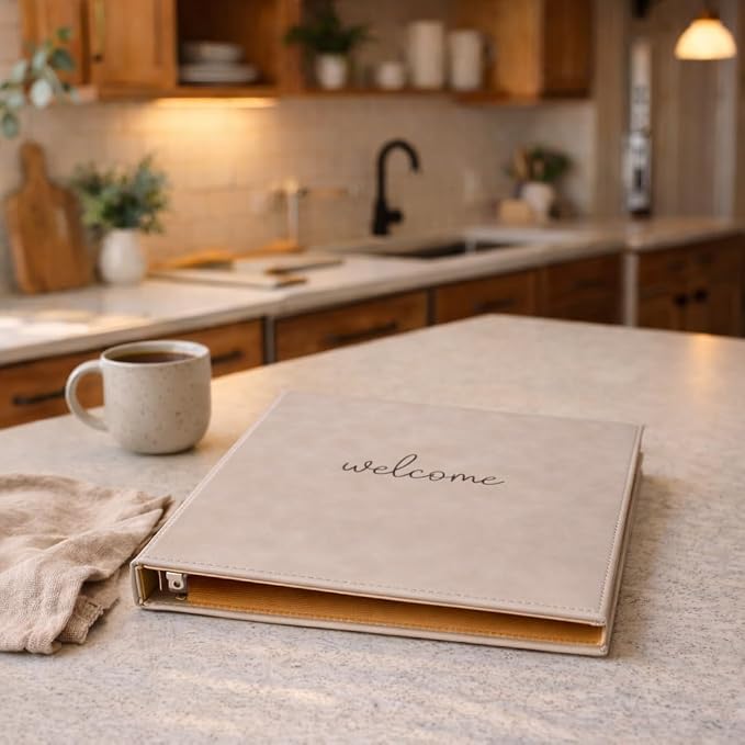 Paper 'n Such Welcome Binder for Short Term Rentals – Grey Faux Leather 3 Ring Folder for Airbnb, Vacation Home, House Manual & Guest Information - Letter Size