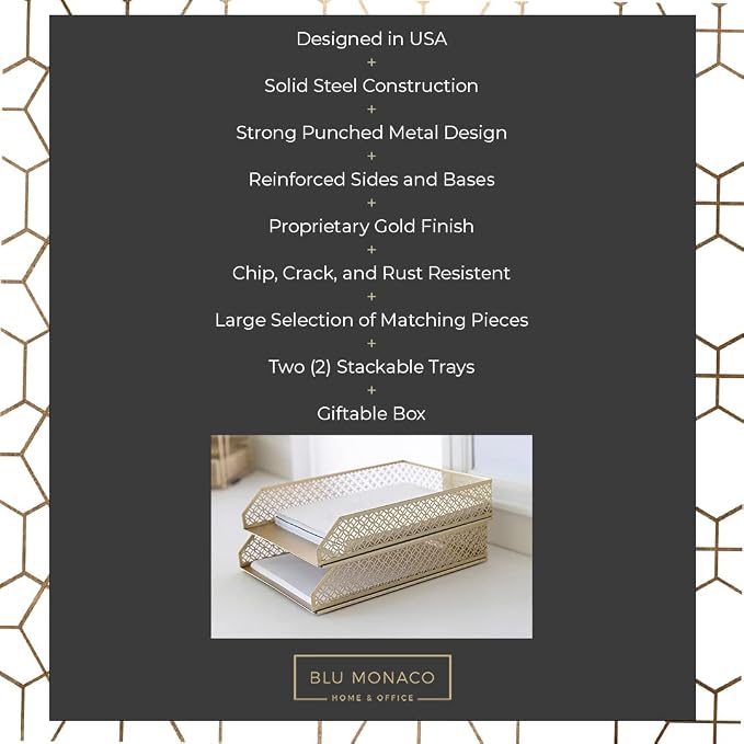BLU MONACO | Paper Tray Stackable Gold Set of 2 | Stackable File Trays for Desk Organization | Tiered Desk Organizer with Metal Letter Trays
