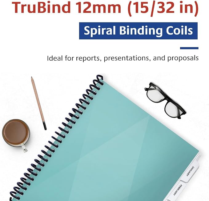 12mm (15/32 in.) Spiral Binding Coils for Reports, Presentations and Proposals | 4:1 Pitch | 12 in. Length | Black | 92 Sheets Binding Capacity | 100 Pack