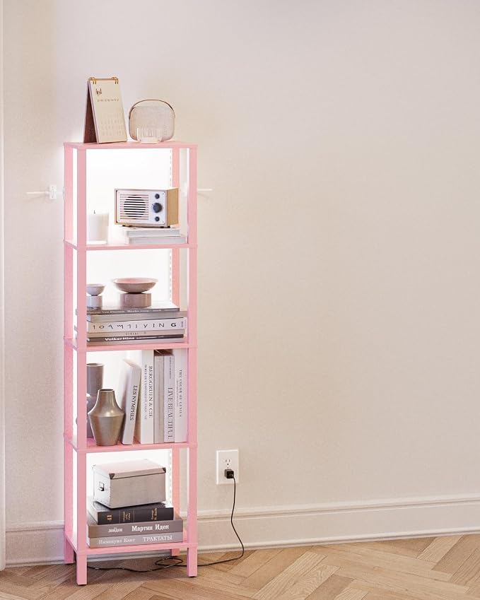 Open Book Shelf with LED Lights, 5 Tier Tall Bookshelf, Freestanding Shelf Narrow Bookcase with Open Shelves, 14.96" x 10.63" x 53.54", Book Shelves for Living Room, Office, Study, Pink