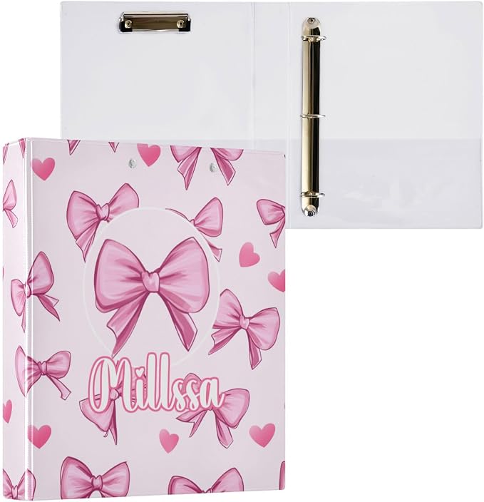 Pink Bows 3 Ring Binder with Clipboard Round Ring Binders Hearts Personalized Binder 3 Interior Clear Pockets for Office Supplies 2 Pack