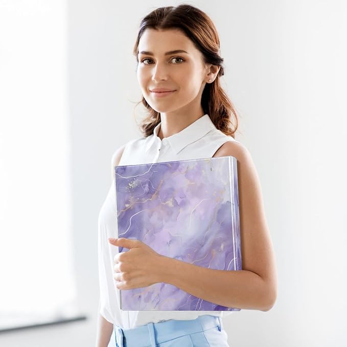 Purple Marble Texture 3-Ring Binder 1.5 Inch 1 Pack Round Ring Binder Holds 200 Sheets with 3 Inside Pockets for Office Home Organization