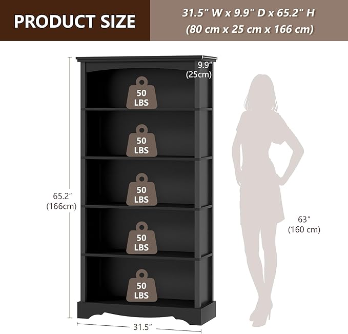 TVU 5-Tier Wooden Bookshelf, 31.5" W x 65" H ×9.9" D Bookshelf with Storage, Floor Standing Modern Style Display Bookcase for Living Room, Office, Study Room, Entryway, Black