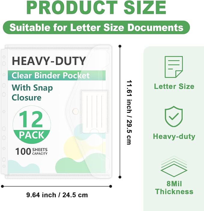 HOUYEE 12 Pack Heavy-Duty Clear Binder Pocket Folders for 2/3/4 Ring Binder | 11 Holes Binder Envelopes with Snap Closure, Plastic Clear Binder Folders for Office, 8 Mil,100 Sheet Capacity, Letter Size