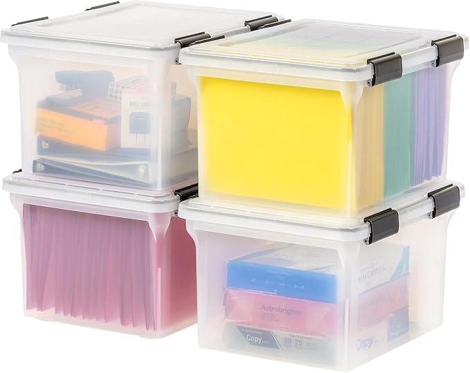 IRIS USA WeatherPro File Box Organizer, Letter/Legal, 32 Qt. 4-Pack, Clear | Organize important documents with water-resistant protection, secure latches, and stackable design for home or office storage