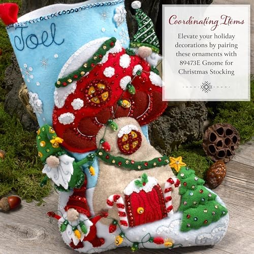 Bucilla Felt Applique 4 Piece Ornament Making Kit, Merry Mushrooms, Perfect for DIY Arts and Crafts, 89670E