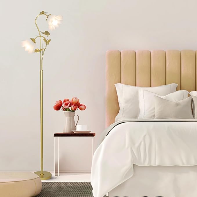 HMVPL Gold Floor Lamp for Living Room, Flower Standing Lamp with 2 LED 5W Blubs, Foot Switch, Floral Tall Lamp with Acrylic Shade, Antique Lotus Flower Floor Lamp for Living Room Office Reading