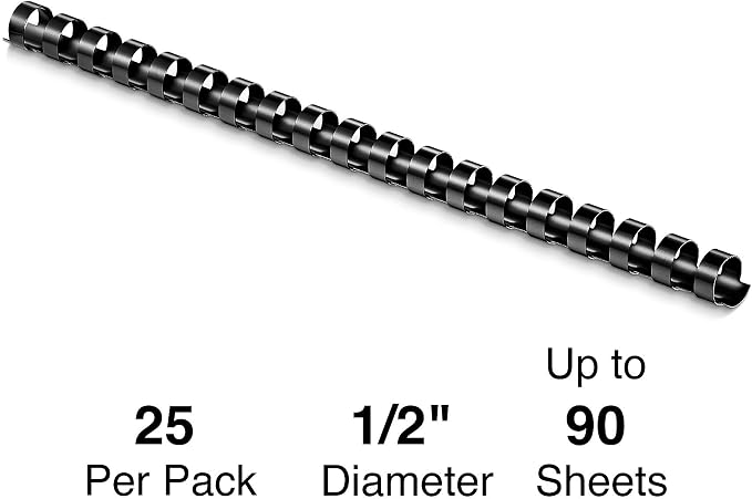 Staples 1/2" Plastic Comb Binding Spines, 90 Sheet Capacity, Black, Pack of 25 Combs