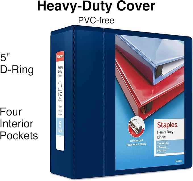 Staples Heavy-Duty 5-Inch D-Ring View Binder, Extra Large Capacity Holds Up to 1,000 Sheets, Navy, for Office & Archiving