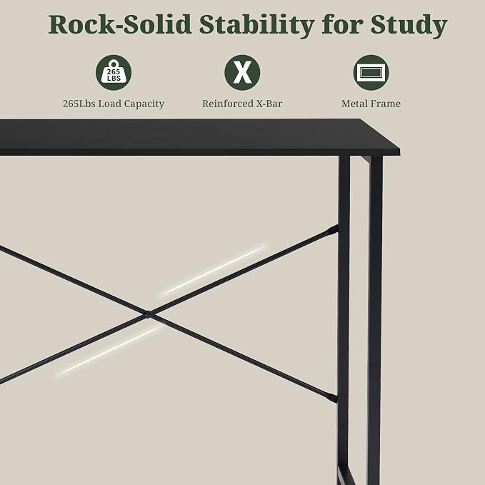 32 Inch Computer Desk, Small Writing Desk for Home Office Bedroom | 265 lb Capacity, Reinforced X-Frame, Waterproof MDF Top, Scratch-Resistant Surface, Easy Assembly, Black