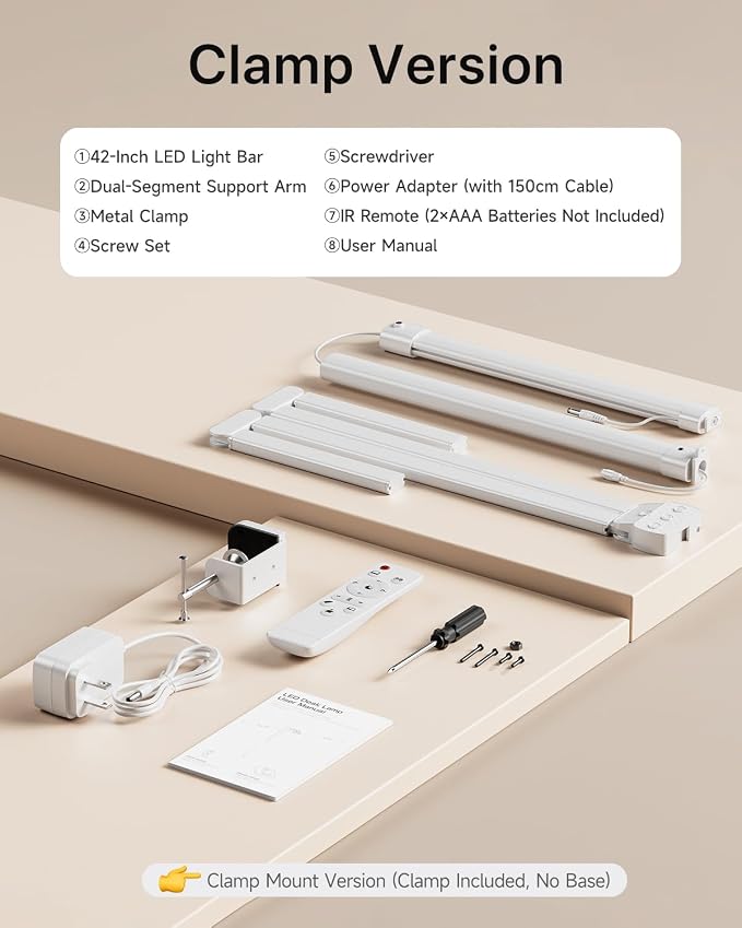 ONEMIX LED Desk Lamp with Clamp, 42-Inch 4-Panel Light for Dual Monitors | 1800 Lumens, 4 Adjustable Panels, 5 Color Temps, 5 Brightness Levels, Remote, Timer, Flicker-Free for Home Office